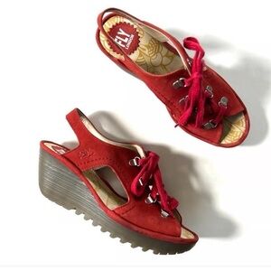 FLY London Ylfa Scarlet Red Leather Lace-Up Wedge Sandals Sz 39